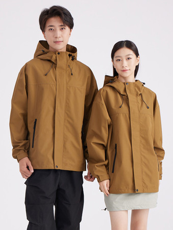 ブラウン 防水ハイキングジャケット フード付き ユニセックス カラーブロック ジップコート