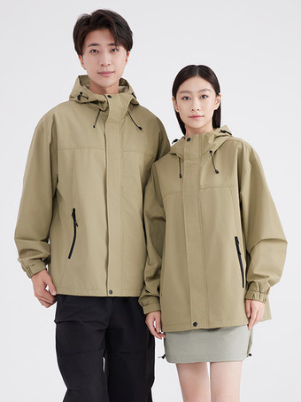 カーキ 防水ハイキングジャケット フード付き ユニセックス カラーブロック ジップコート