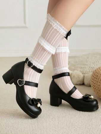 ブラック スイートロリータフットウェア ブラックリボン ラウンドトゥ PUレザー ロリータパンプス