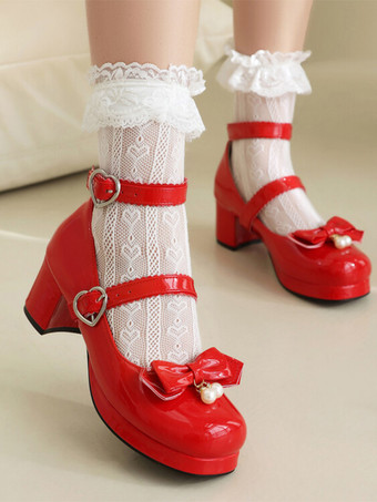 レッド スイートロリータフットウェア ブラックリボン ラウンドトゥ PUレザー ロリータパンプス