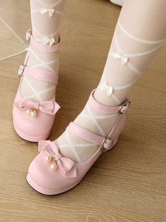 ピンクスイートロリータフットウェア ブラックリボン ラウンドトゥ PUレザー ロリータパンプス