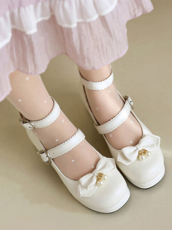 ホワイト スイートロリータフットウェア ブラックリボン ラウンドトゥ PUレザー ロリータパンプス
