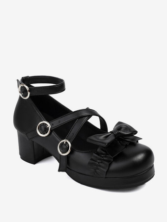 スイートロリータフットウェア ピンクリボン PUレザー チャンキーヒール ロリータパンプス