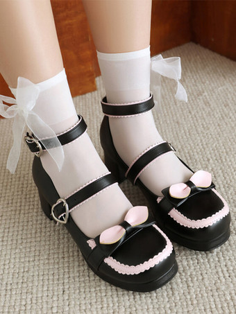 ブラック スイートロリータフットウェア 赤いリボン PUレザー チャンキーヒール ロリータパンプス