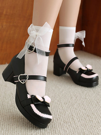 スイートロリータフットウェア 赤いリボン PUレザー チャンキーヒール ロリータパンプス