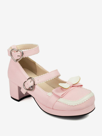 スイートロリータフットウェア 赤いリボン PUレザー チャンキーヒール ロリータパンプス