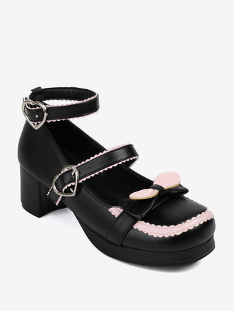 スイートロリータフットウェア 赤いリボン PUレザー チャンキーヒール ロリータパンプス