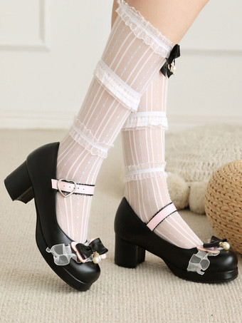 ブラック スイートロリータフットウェア ピンクリボン PUレザー チャンキーヒール ロリータパンプス