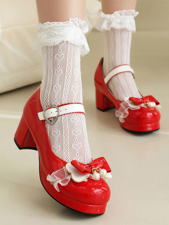 レッド スイートロリータフットウェア ピンクリボン PUレザー チャンキーヒール ロリータパンプス