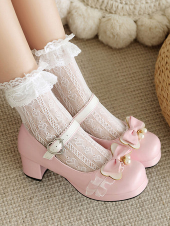 ピンクスイートロリータフットウェア ピンクリボン PUレザー チャンキーヒール ロリータパンプス