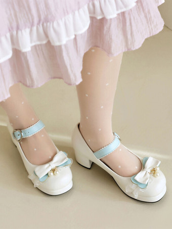 ライトスカイブルースイートロリータフットウェア ピンクリボン PUレザー チャンキーヒール ロリータパンプス