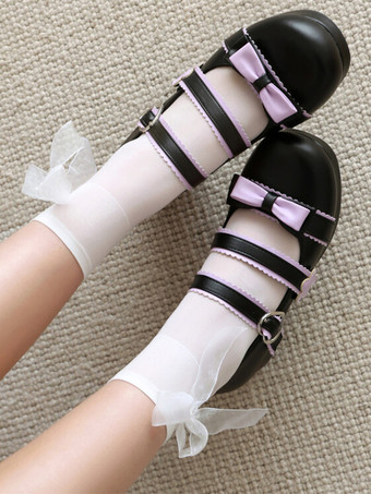 スイートロリータフットウェア ブラックリボン PUレザー チャンキーヒール ロリータシューズ