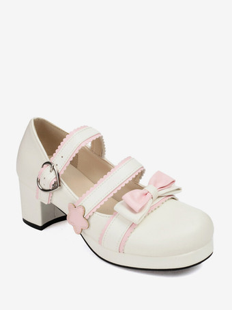 スイートロリータフットウェア ブラックリボン PUレザー チャンキーヒール ロリータシューズ