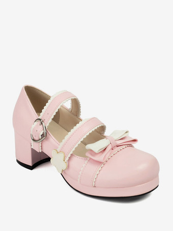 スイートロリータフットウェア ブラックリボン PUレザー チャンキーヒール ロリータシューズ