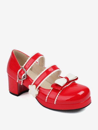 スイートロリータフットウェア ブラックリボン PUレザー チャンキーヒール ロリータシューズ