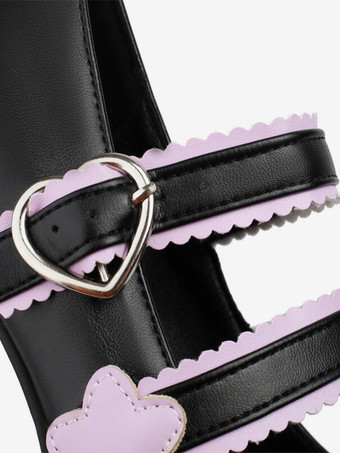 スイートロリータフットウェア ブラックリボン PUレザー チャンキーヒール ロリータシューズ