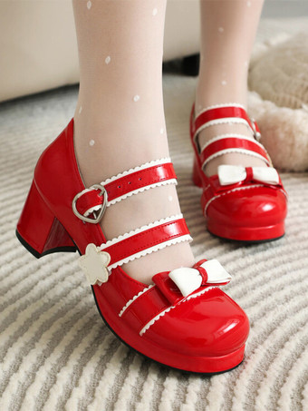 レッド スイートロリータフットウェア ブラックリボン PUレザー チャンキーヒール ロリータシューズ