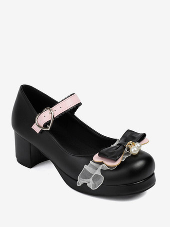 スイートロリータフットウェア ピンクリボン PUレザー チャンキーヒール ロリータパンプス