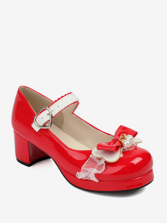 スイートロリータフットウェア ピンクリボン PUレザー チャンキーヒール ロリータパンプス