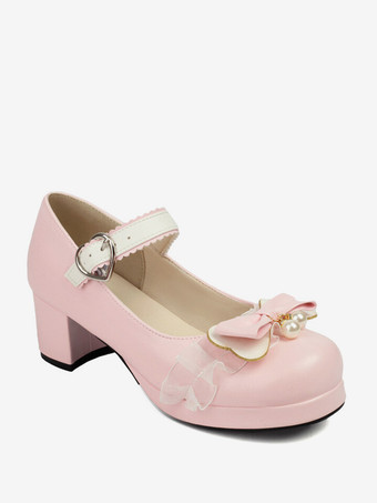 スイートロリータフットウェア ピンクリボン PUレザー チャンキーヒール ロリータパンプス