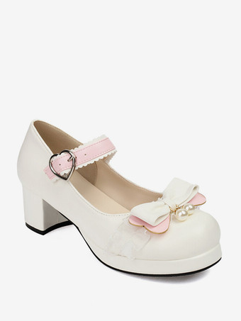 スイートロリータフットウェア ピンクリボン PUレザー チャンキーヒール ロリータパンプス