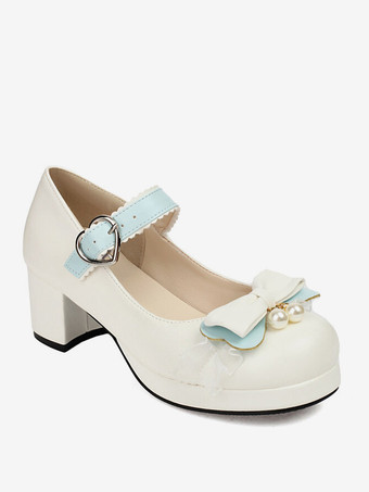 スイートロリータフットウェア ピンクリボン PUレザー チャンキーヒール ロリータパンプス