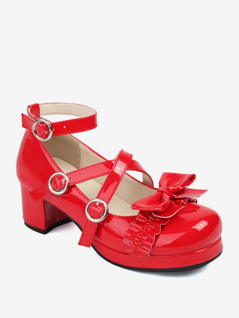 スイートロリータフットウェア ピンクリボン PUレザー チャンキーヒール ロリータパンプス