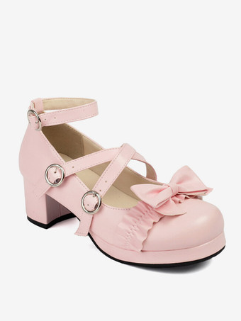 スイートロリータフットウェア ピンクリボン PUレザー チャンキーヒール ロリータパンプス