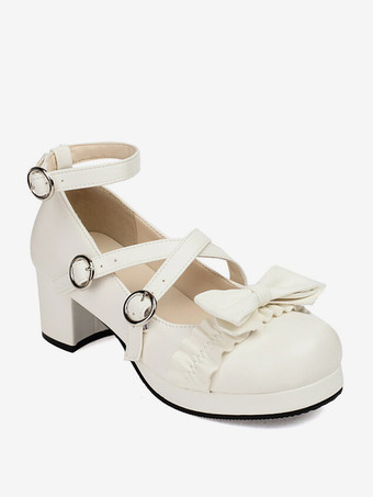 スイートロリータフットウェア ピンクリボン PUレザー チャンキーヒール ロリータパンプス