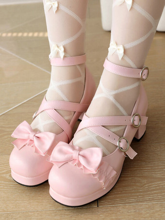 Sweet Lolita Footwear Zapatos de tacón de lolita con tacón grueso de cuero de PU con lazos rosados