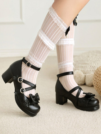 ブラック スイートロリータフットウェア ピンクリボン PUレザー チャンキーヒール ロリータパンプス