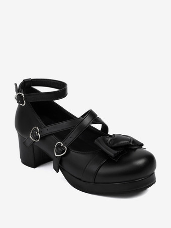 スイートロリータフットウェア ホワイトリボン ラウンドトゥ PUレザー ロリータパンプス