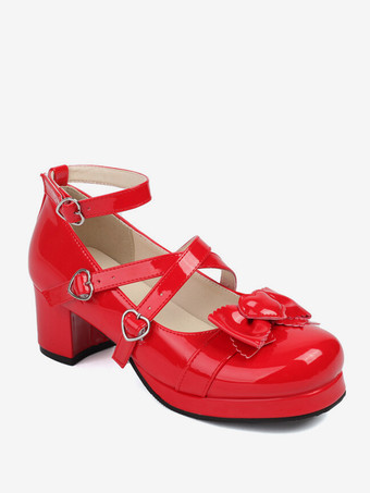 スイートロリータフットウェア ホワイトリボン ラウンドトゥ PUレザー ロリータパンプス