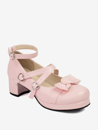 スイートロリータフットウェア ホワイトリボン ラウンドトゥ PUレザー ロリータパンプス