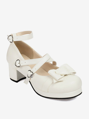 スイートロリータフットウェア ホワイトリボン ラウンドトゥ PUレザー ロリータパンプス