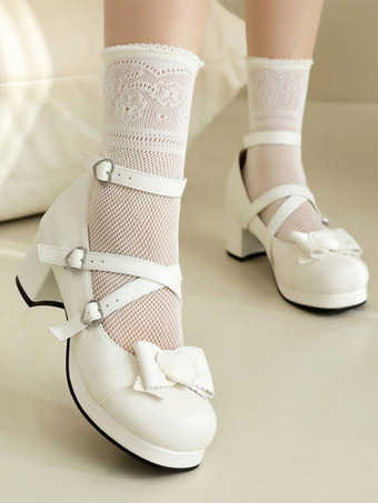 ホワイト スイートロリータフットウェア ホワイトリボン ラウンドトゥ PUレザー ロリータパンプス