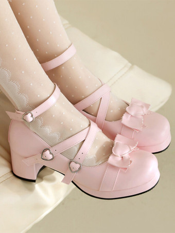 ピンクスイートロリータフットウェア ホワイトリボン ラウンドトゥ PUレザー ロリータパンプス