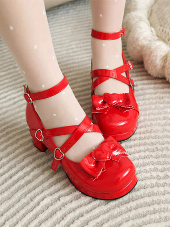 レッド スイートロリータフットウェア ホワイトリボン ラウンドトゥ PUレザー ロリータパンプス