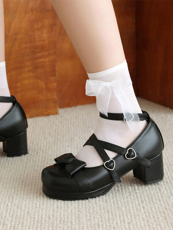 ブラック スイートロリータフットウェア ホワイトリボン ラウンドトゥ PUレザー ロリータパンプス
