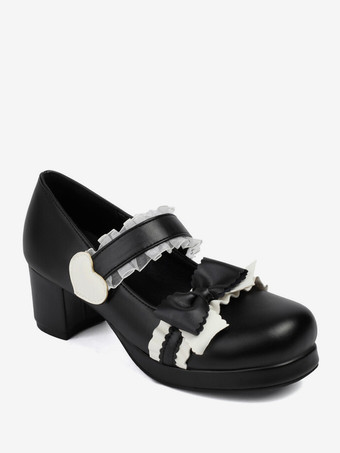スイートロリータフットウェア ブラックリボン PUレザー チャンキーヒール ロリータパンプス