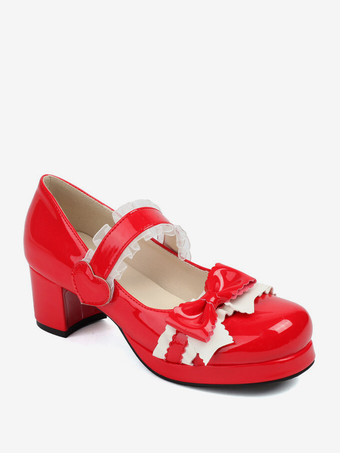 スイートロリータフットウェア ブラックリボン PUレザー チャンキーヒール ロリータパンプス