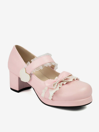 スイートロリータフットウェア ブラックリボン PUレザー チャンキーヒール ロリータパンプス