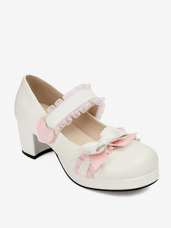 スイートロリータフットウェア ブラックリボン PUレザー チャンキーヒール ロリータパンプス