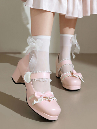 スイートロリータフットウェア ブラックリボン PUレザー チャンキーヒール ロリータパンプス