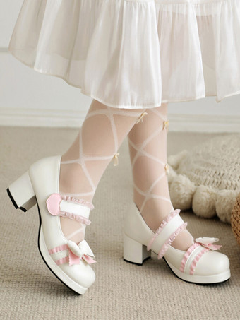 ホワイト スイートロリータフットウェア ブラックリボン PUレザー チャンキーヒール ロリータパンプス