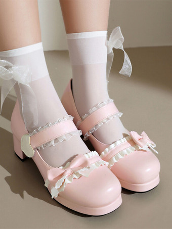 ピンクスイートロリータフットウェア ブラックリボン PUレザー チャンキーヒール ロリータパンプス