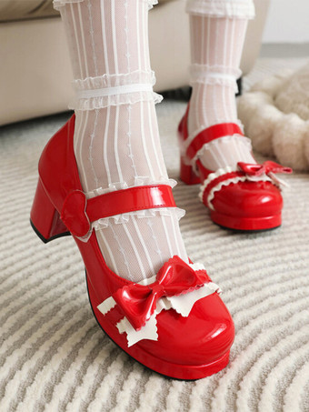 レッド スイートロリータフットウェア ブラックリボン PUレザー チャンキーヒール ロリータパンプス