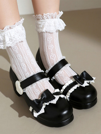 ブラック スイートロリータフットウェア ブラックリボン PUレザー チャンキーヒール ロリータパンプス