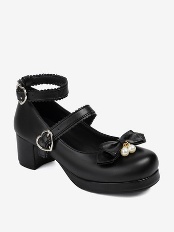 スイートロリータフットウェア ブラックリボン ラウンドトゥ PUレザー ロリータパンプス