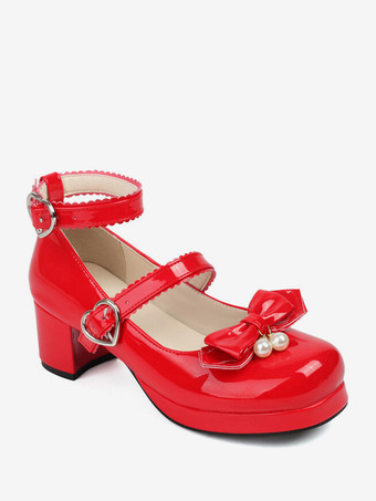 スイートロリータフットウェア ブラックリボン ラウンドトゥ PUレザー ロリータパンプス